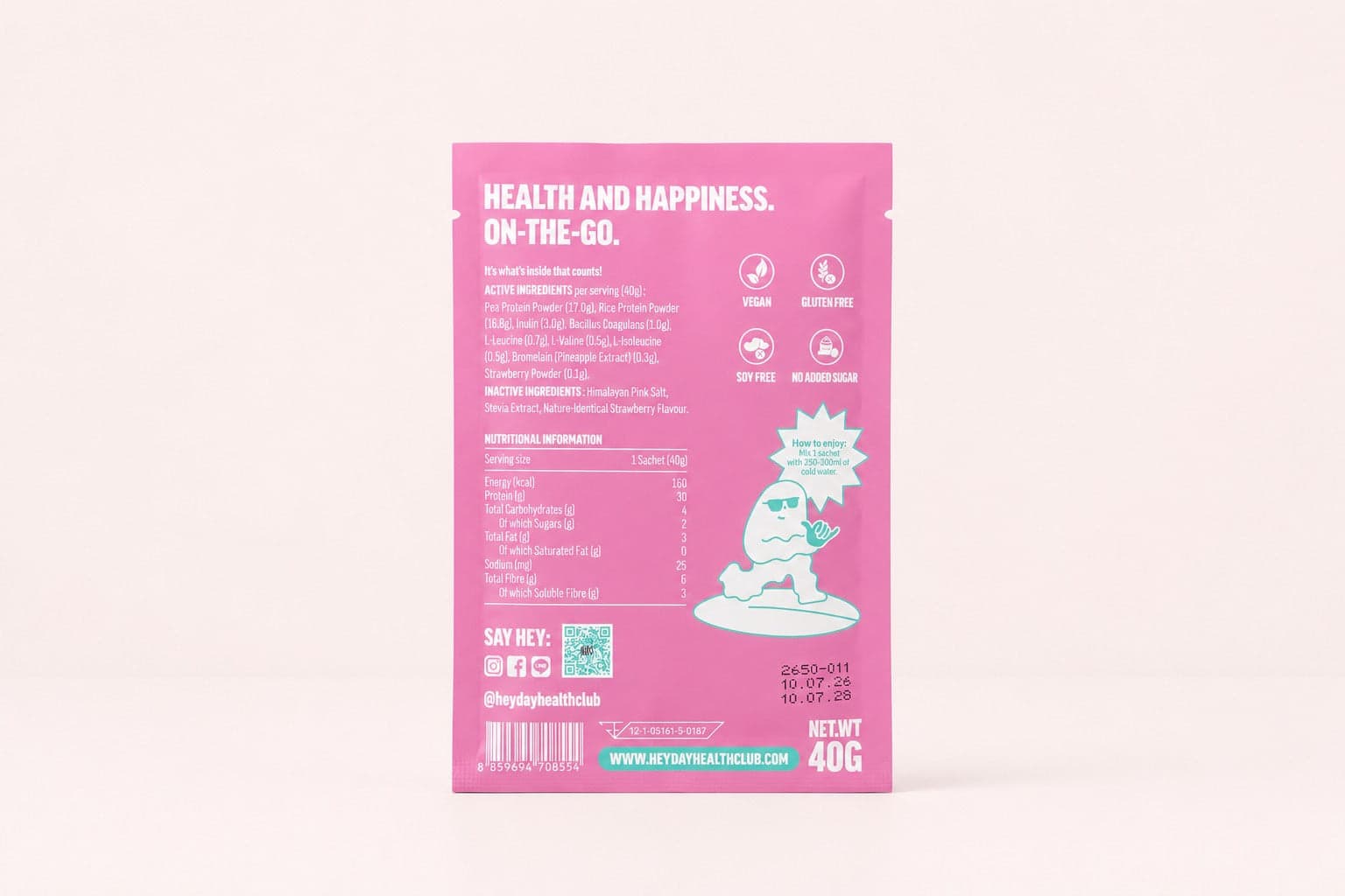Heyday – Organic Plant-Based Protein – Strawberry Milkshake sachet, back of pack with ingredients and nutrition information