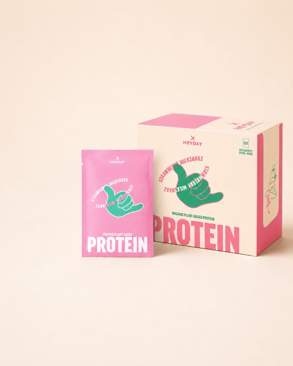 Heyday – Organic Plant-Based Protein – Strawberry Milkshake box and sachet