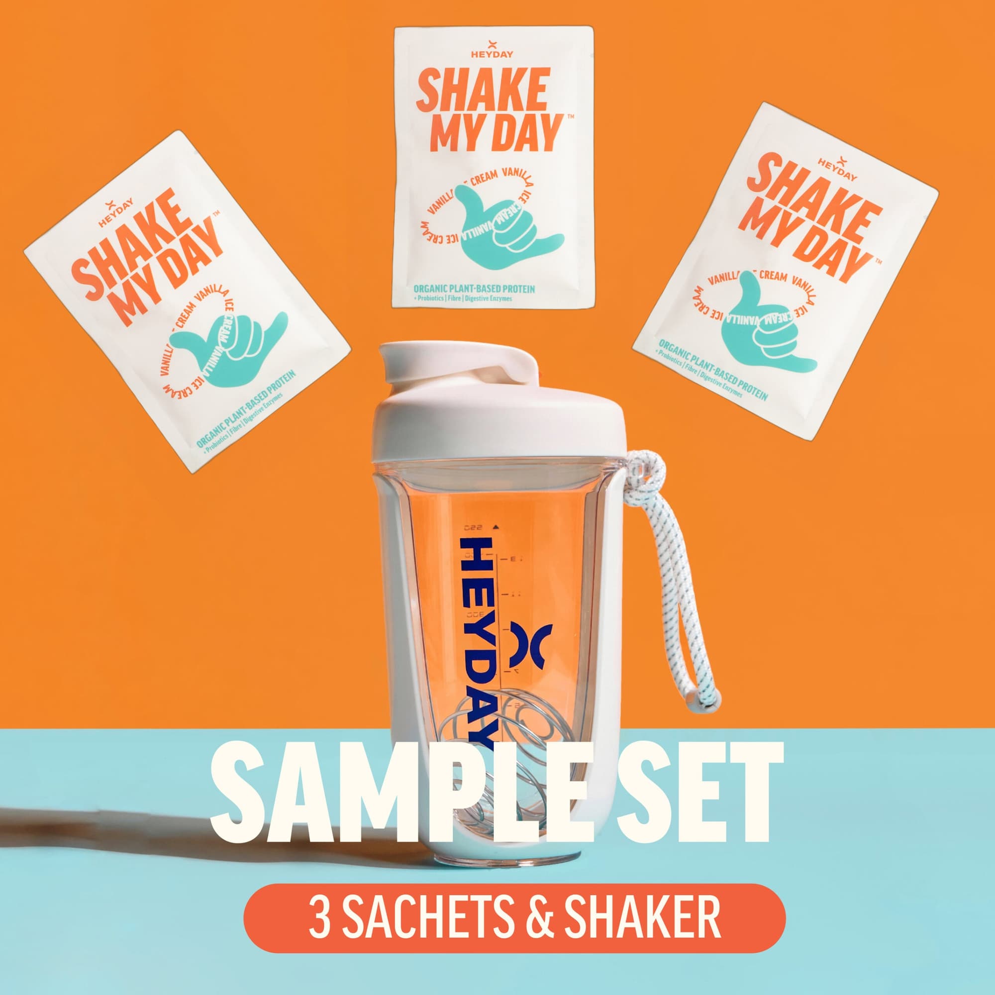 Heyday – Organic Plant-Based Protein – Sample Set: 3 sachets + shaker