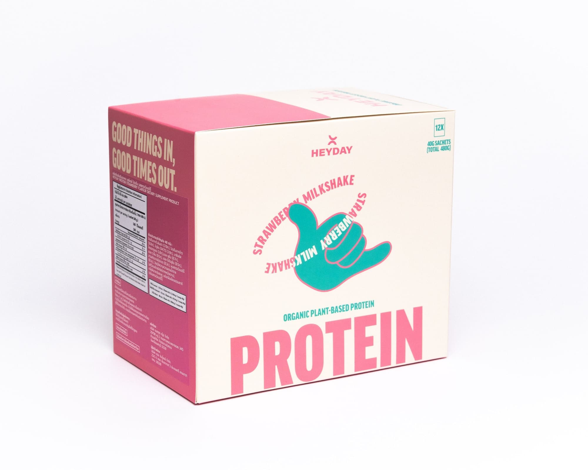 Heyday Strawberry Milkshake protein box, side view