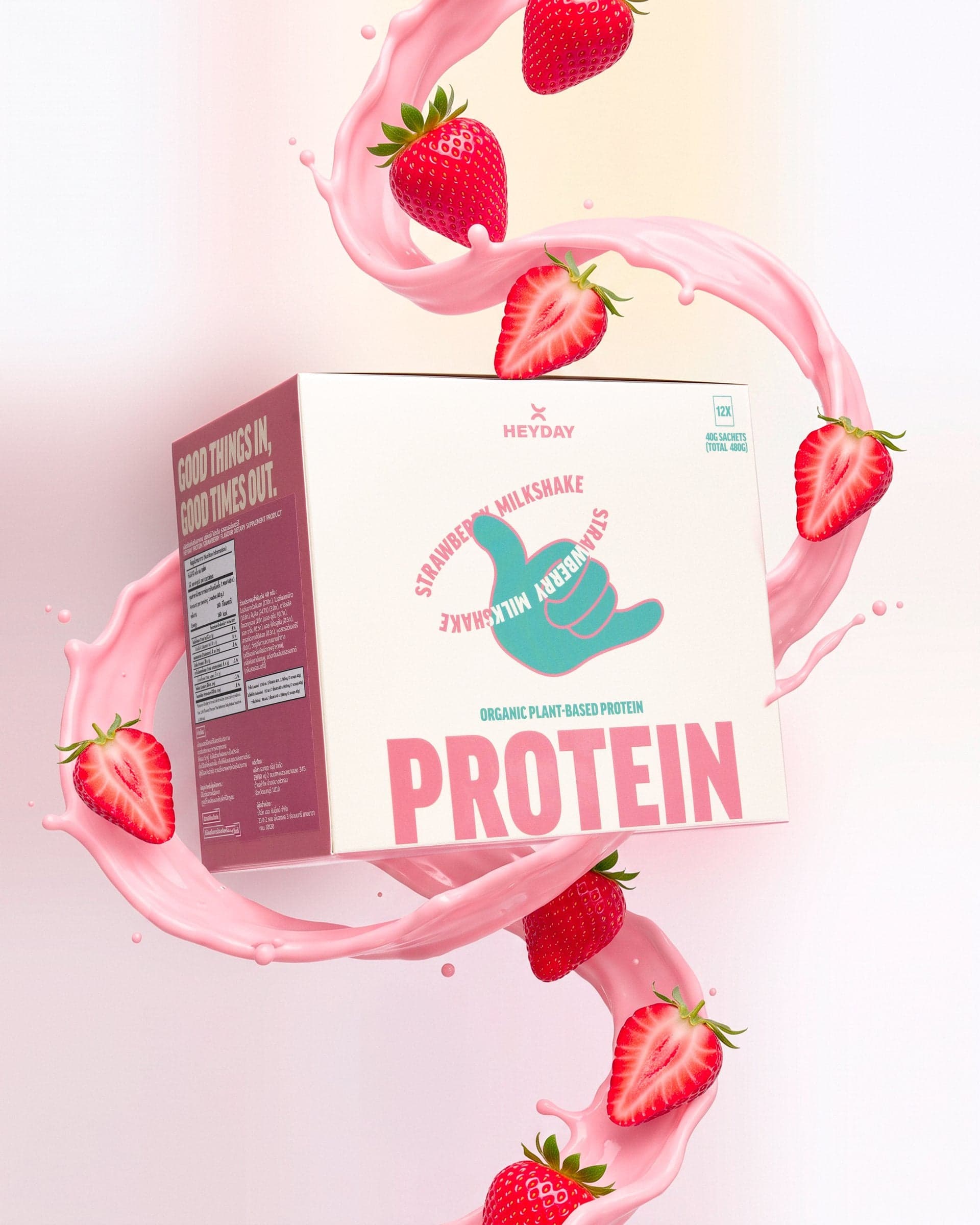 Heyday Strawberry Milkshake protein box with a strawberry milk splash